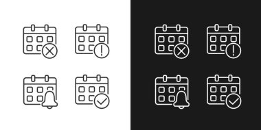 Takvim uygulaması yönetim pikseli koyu, aydınlık mod için mükemmel doğrusal simgeler ayarlandı. Buluşma hatırlatması. Günlük program. Gece ve gündüz teması için ince çizgi sembolleri. İzole çizimler. Düzenlenebilir vuruş