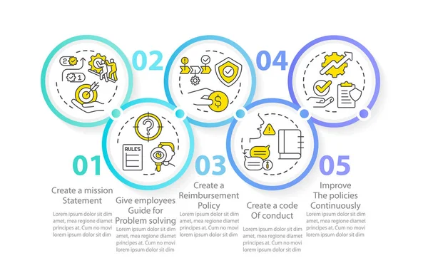 Müşteri hizmetleri çemberi bilgi şablonu oluştur. İş için. Veri görselleştirmesi 5 adımda. Düzenlenebilir zaman çizelgesi. Satır simgeleriyle çalışma akışı düzeni. Kullanılan Myriad Pro-Normal yazı tipi