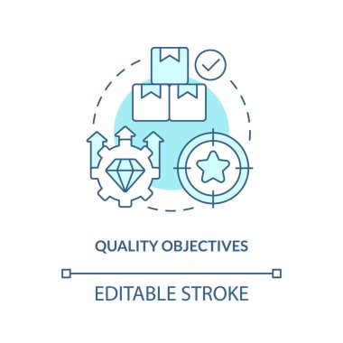Kaliteli hedefler turkuaz konsept simgesi. Ürünler gelişiyor. Proje yönetimi soyut fikir ince çizgi çizimi. İzole bir taslak çizim. Düzenlenebilir felç. Arial, Myriad Pro-Kalın yazı tipleri