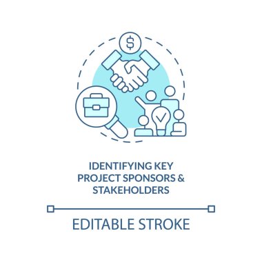 Anahtar proje sponsorları turkuaz konsept simgesi tanımlanıyor. Sahne planlaması, soyut fikir ince çizgi çizimi. İzole bir taslak çizim. Düzenlenebilir felç. Arial, Myriad Pro-Kalın yazı tipleri