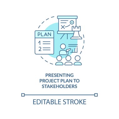Hissedarların turkuaz konsept ikonuna proje planı sunuluyor. İş geliştirme fikri soyut ince çizgi çizimi. İzole bir taslak çizim. Düzenlenebilir felç. Arial, Myriad Pro-Kalın yazı tipleri