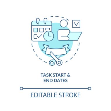 Görev başlama ve bitiş tarihleri turkuaz konsept simgesi. Tamamlama. Proje planı soyut fikir ince çizgi çizimini içeriyor. İzole bir taslak çizim. Düzenlenebilir felç. Arial, Myriad Pro-Kalın yazı tipleri