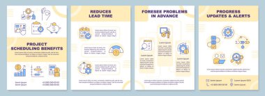 Proje çizelgesi sarı broşürden faydalanıyor. Çizgisel simgeli broşür tasarımı. Sunum için düzenlenebilir 4 vektör düzeni, yıllık raporlar. Arial-Black, Kullanılan Myriad Pro-Normal yazı tipleri
