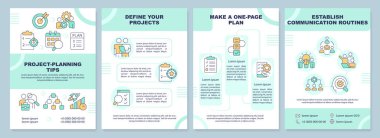 Proje planlaması yeşil broşür şürünün ipuçlarını veriyor. Yönetimden. Çizgisel simgeli broşür tasarımı. Sunum için düzenlenebilir 4 vektör düzeni, yıllık raporlar. Arial-Black, Kullanılan Myriad Pro-Normal yazı tipleri