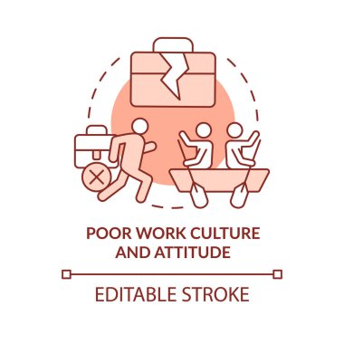 Kötü iş kültürü ve davranış kırmızı konsept ikonu. Modern kamu sektörü fikri soyut ince çizgi çizimi. İzole bir taslak çizim. Düzenlenebilir felç. Arial, Myriad Pro-Kalın yazı tipleri