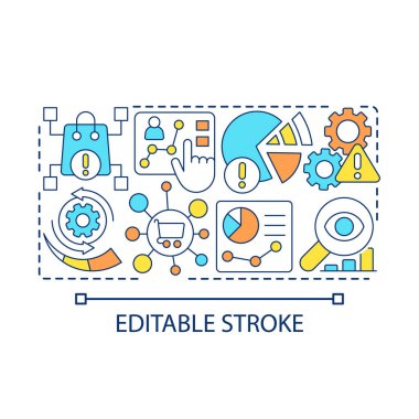 Ticari analitik konsept ikonu. Piyasa araştırması ve hava tahmini. Perakende ve ticaret istatistikleri soyut fikir ince çizgi çizimi. İzole bir taslak çizim. Düzenlenebilir felç. Kullanılan Arial yazı tipi