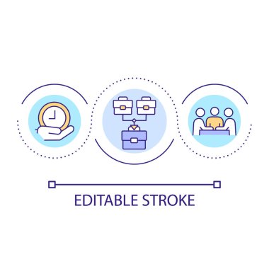 Tamamlama döngüsü konsepti ikonu için birleşme zamanı. Ticari faaliyet soyut fikir ince çizgi çizimi. Konsolidasyon dönemi. İzole bir taslak çizim. Düzenlenebilir felç. Kullanılan Arial yazı tipi
