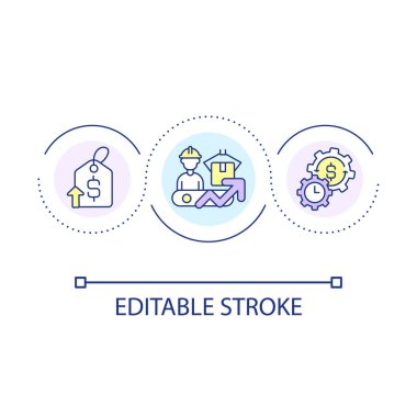 Artan üretim maliyetleri döngü konsepti ikonu. Fiyatlar yükseliyor. Harcamalar üretmek soyut fikir ince çizgi çizimi. İzole bir taslak çizim. Düzenlenebilir felç. Kullanılan Arial yazı tipi