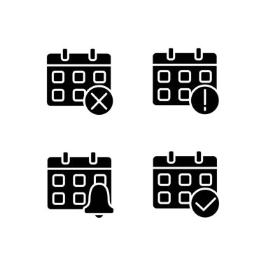Takvim uygulaması yönetimi siyah simge simgeleri beyaz alana ayarlandı. Dijital toplantı hatırlatması. Günlük program. Yaklaşan aktiviteler. Siluet sembolleri. Sağlam bir piktogram paketi. Vektör izole illüstrasyonu