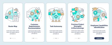 Proje planlaması mobil uygulama ekranında işe yarıyor. İş gezintisi, doğrusal kavramlarla düzenlenebilir grafik talimatları. UI, UX, GUI şablonu. Kullanılan sayısız Pro-Kalın, Düzenli yazı tipleri