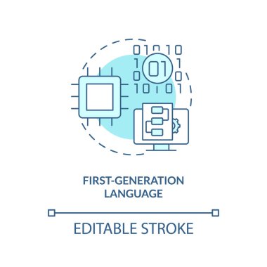 İlk nesil programlama dili turkuaz konsept simgesi. Düz makine kodu soyut fikir ince çizgi çizimi. İzole bir taslak çizim. Düzenlenebilir felç. Arial, Myriad Pro-Kalın yazı tipleri