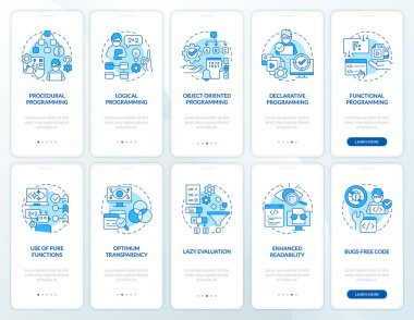 Mobil uygulama ekranında mavi programlamaya yaklaşıyor. Doğrusal kavramlarla düzenlenebilir grafik yönergelerini 5 adımda gezdir. UI, UX, GUI şablonu. Kullanılan sayısız Pro-Kalın, Düzenli yazı tipleri