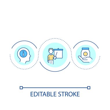 Şirket çalışanlarının döngü konsepti ikonu için yeni ürün sunuyorum. Personele soyut fikir ince çizgili illüstrasyon hakkında bilgi verin. İzole bir taslak çizim. Düzenlenebilir felç. Kullanılan Arial yazı tipi