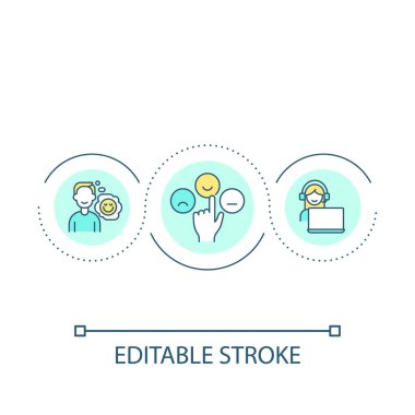 Müşteri memnuniyeti döngüsü konseptine odaklan. Profesyonel hizmetler. Müşteri geribildirim fikri ince çizgi çizimi. İzole bir taslak çizim. Düzenlenebilir felç. Kullanılan Arial yazı tipi