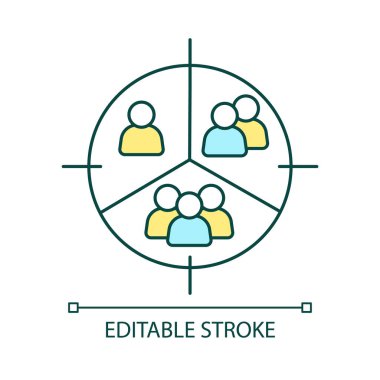 Gruplara RGB renk simgesi bölünecek. Ayrı insanlar. Sosyal ve demografik araştırmalar. Hedef kitle. İzole vektör çizimi. Basit bir çizgi çizimi. Düzenlenebilir felç. Kullanılan Arial yazı tipi
