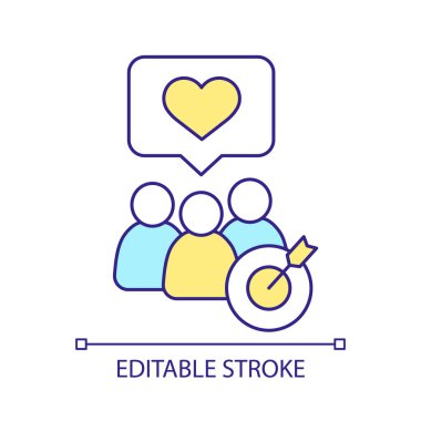 Hedef kitle RGB renk simgesi. Memnun müşteriler. Tüketicilerden olumlu geri bildirim. Marka sadakati. İzole vektör çizimi. Basit bir çizgi çizimi. Düzenlenebilir felç. Kullanılan Arial yazı tipi
