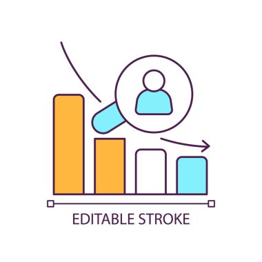 Müşteri miktarı RGB renk simgesini azaltır. İş başarısızlığı. Gelir düşüşü. Finansal sorun. İzole vektör çizimi. Basit bir çizgi çizimi. Düzenlenebilir felç. Kullanılan Arial yazı tipi