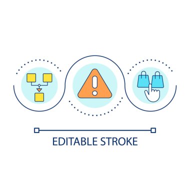 İş birleşme döngüsü ikonu ile ürün çeşitliliğini azalt. Seçenekler. Rekabet kavramının, ince çizgi çiziminin üstesinden gel. İzole bir taslak çizim. Düzenlenebilir felç. Kullanılan Arial yazı tipi