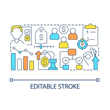 Fiyat artışı strateji konsepti ikonu. Ticari yaklaşım. Geliri artıyor. İş analizleri soyut fikir ince çizgi çizimi. İzole bir taslak çizim. Düzenlenebilir felç. Kullanılan Arial yazı tipi