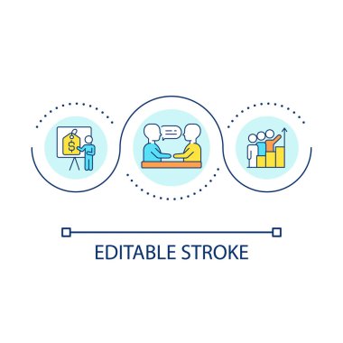 Ticari müzakere döngüsü konsepti ikonu. Ürün sunumu. İş toplantısı. Etkili ekip, ince çizgi çiziminde soyut fikirler üzerinde çalışır. İzole bir taslak çizim. Düzenlenebilir felç. Kullanılan Arial yazı tipi