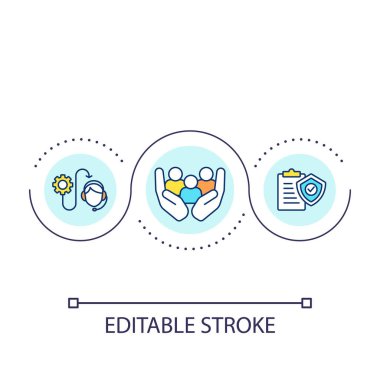 Müşteri desteği döngü konsepti simgesi. Güvenlik programı. Şirket müşterileriyle ilgilenmek soyut fikir ince çizgili çizim. İzole bir taslak çizim. Düzenlenebilir felç. Kullanılan Arial yazı tipi