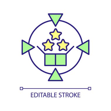 Bonus RGB renk simgesi. Yüksek kaliteli ürün. Ticari teklif. Müşteri hediyesi. Mal almak. İzole vektör çizimi. Basit bir çizgi çizimi. Düzenlenebilir felç. Kullanılan Arial yazı tipi