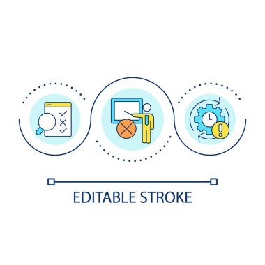 Değerlendirme döngüsü konsepti olmayan kurumsal süreçlerin yönetimi. Görev ayarları soyut fikir ince çizgi çizimi. İzole bir taslak çizim. Düzenlenebilir felç. Kullanılan Arial yazı tipi