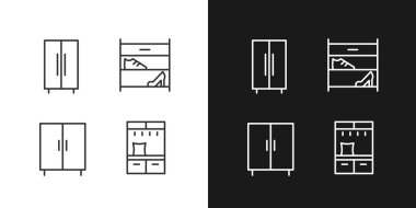 Giysiler ve ayakkabılar için mobilya depolama pikseli koyu, aydınlık mod için mükemmel doğrusal simgeler. Depo dolabı. Ayakkabı askısı. Gece ve gündüz teması için ince çizgi sembolleri. İzole çizimler. Düzenlenebilir vuruş