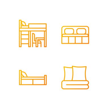 Ev pikseli için mobilya mükemmel gradyan vektör simgeleri ayarlandı. Yatak, yatak örtüsü. Yatak odası dekoru. Ev mobilyaları. İnce çizgili sembol demetleri dizayn eder. İzole edilmiş taslak illüstrasyon koleksiyonu