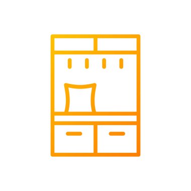 Salon ağacı pikseli mükemmel gradyan vektör simgesi. Palto kancalı ve banklı dolap deposu. Ev mobilyası mağazası. İnce çizgi renk sembolü. Modern tarz pictogram. Vektör izole çizimi