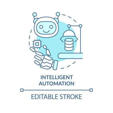 Akıllı otomasyon turkuaz konsept ikonu. Dijital robotik teknolojiler soyut fikir ince çizgi çizimi. İzole bir taslak çizim. Düzenlenebilir felç. Arial, Myriad Pro-Kalın yazı tipleri