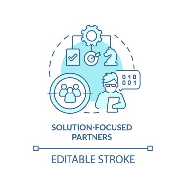 Çözüm ortakların turkuaz konsept simgesine odaklandı. Dijital iş stratejisi soyut fikir ince çizgi çizimi. İzole bir taslak çizim. Düzenlenebilir felç. Arial, Myriad Pro-Kalın yazı tipleri