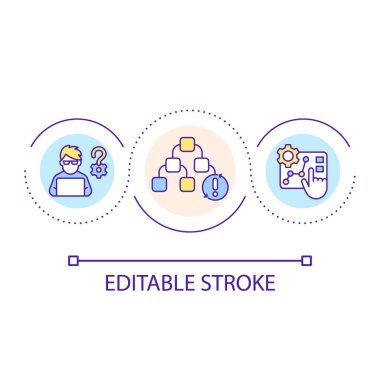 Kodlama problemleri döngü konsepti ikonu çözülüyor. Bilgisayar bilimi soyut fikir ince çizgi çizimi. Programcı işi. Yazılım geliştirme. İzole bir taslak çizim. Düzenlenebilir felç. Kullanılan Arial yazı tipi