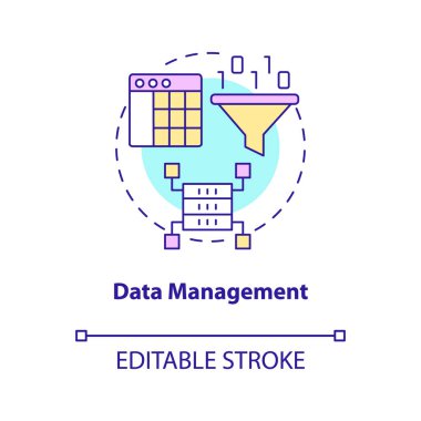 Veri yönetimi konsepti simgesi. Dijital servis. Bilgi işleme aşaması soyut fikir ince çizgi çizimi. İzole bir taslak çizim. Düzenlenebilir felç. Arial, Myriad Pro-Kalın yazı tipleri