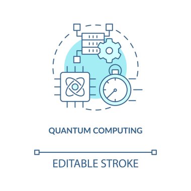 Kuantum hesaplama turkuaz konsept simgesi. Makine öğrenimi. Veri bilimi teknolojisi soyut fikir ince çizgi çizimi. İzole bir taslak çizim. Düzenlenebilir felç. Arial, Myriad Pro-Kalın yazı tipleri