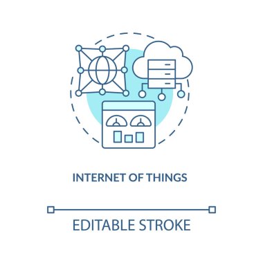 Nesnelerin interneti turkuaz konsept simgesi. Yapay zeka. Veri bilimi soyut fikir ince çizgi çizimi. İzole bir taslak çizim. Düzenlenebilir felç. Arial, Myriad Pro-Kalın yazı tipleri