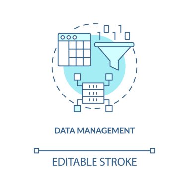 Veri yönetimi turkuaz konsept simgesi. Dijital servis. Bilgi işleme aşaması soyut fikir ince çizgi çizimi. İzole bir taslak çizim. Düzenlenebilir felç. Arial, Myriad Pro-Kalın yazı tipleri