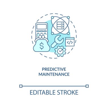 Öngörülebilir bakım turkuaz konsept ikonu. İş dünyasının soyut fikri için yapay zeka ve veri bilimi ince çizgi çizimi. İzole bir taslak çizim. Düzenlenebilir felç. Arial, Myriad Pro-Kalın yazı tipleri