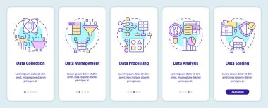 Mobil uygulama ekranında veri işleme aşamaları. Teknoloji 5 aşamalı düzenlenebilir grafik talimatları ve doğrusal kavramlar. UI, UX, GUI şablonu. Kullanılan sayısız Pro-Kalın, Düzenli yazı tipleri