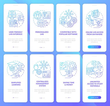 Mobil uygulama ekranında yönetim sisteminin mavi gradyanı öğreniliyor. Doğrusal kavramlarla birlikte 4 aşamalı grafik talimatlar. UI, UX, GUI şablonu. Kullanılan sayısız Pro-Kalın, Düzenli yazı tipleri
