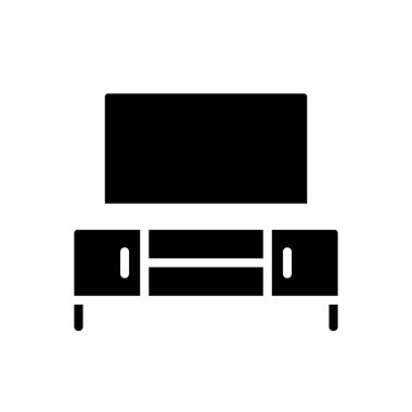 Televizyonun simgesi siyah. Eğlence merkezi. Film izliyordum. Televizyon. Modern ev mobilyası mağazası. Beyaz uzayda siluet sembolü. Piktogram sağlammış. Vektör izole illüstrasyonu