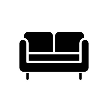 Aşk koltuğu siyah kabartma simgesi. Oturma odası için küçük bir kanepe. İki koltuklu sandalye. Modern ev mobilyası mağazası. Beyaz uzayda siluet sembolü. Piktogram sağlammış. Vektör izole illüstrasyonu