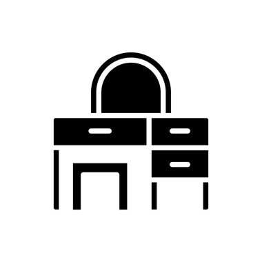 Giyinme masası simgesi. Çekmeceli makyaj masası. Güzellik merkezi. Çağdaş ev eşyaları mağazası. Beyaz uzayda siluet sembolü. Piktogram sağlammış. Vektör izole illüstrasyonu