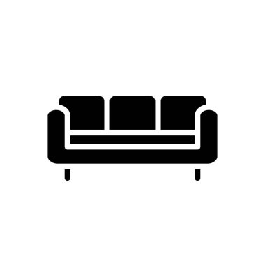 Koltuk siyah kabartma simgesi. Bölgesel deri kanepe. Oturma odası için mobilya. Modern ev mobilyası mağazası. Beyaz uzayda siluet sembolü. Piktogram sağlammış. Vektör izole illüstrasyonu