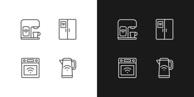 Akıllı mutfak aletleri piksel olarak karanlık ve aydınlık modlar için mükemmel doğrusal simgeler oluşturur. Yemek pişirmek için bir alet. Akıllı ev teknolojisi. Gece ve gündüz teması için ince çizgi sembolleri. İzole çizimler. Düzenlenebilir vuruş
