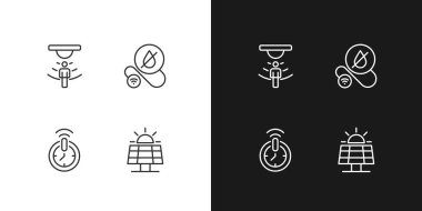 Akıllı ev teknolojileri pikseli. Karanlık, aydınlık mod için mükemmel doğrusal simgeler. Otomatik aygıtlar. Kablosuz kontrol. Gece ve gündüz teması için ince çizgi sembolleri. İzole çizimler. Düzenlenebilir vuruş