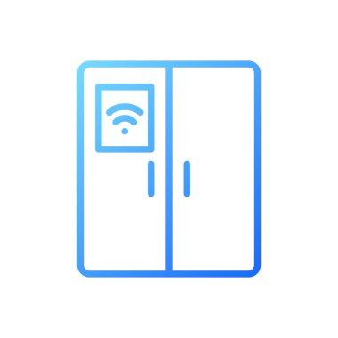 Akıllı buzdolabı pikseli mükemmel gradyan vektör simgesi. Mutfak aletleri. Yiyecek deposu. İnternet gibi şeyler. İnce çizgi renk sembolü. Modern tarz pictogram. Vektör izole çizimi
