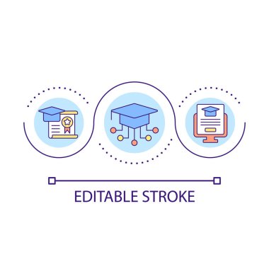 Yetiştirme sertifikası konsepti simgesi. İnternetten eğitim diploması. Dijital materyaller soyut fikir inceleniyor ince çizgi çizimi. İzole bir taslak çizim. Düzenlenebilir felç. Kullanılan Arial yazı tipi
