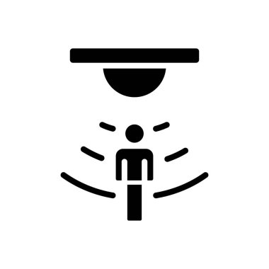 Hareket algılayıcı siyah sembol simgesi. Hareket algılama. Akıllı ev aleti. İnternet gibi şeyler. Güvenlik sistemi aygıtı. Beyaz uzayda siluet sembolü. Piktogram sağlammış. Vektör izole illüstrasyonu