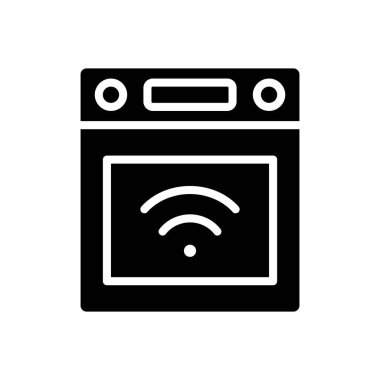 Akıllı soba siyah kabartma ikonu. Mutfak aletleri. Otomatik özellikler. Yemek pişirmek için bir alet. İnternet gibi şeyler. Beyaz uzayda siluet sembolü. Piktogram sağlammış. Vektör izole illüstrasyonu